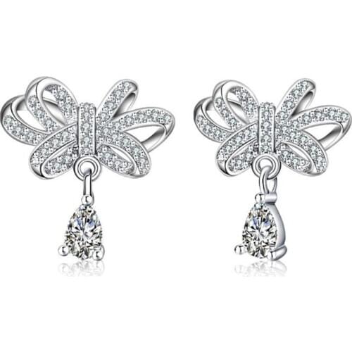 Original Bow Stud Earrings for Women for Wedding Party Shiny CZ Spiry Brinco Water Drop Jewelry Fashion Jewelry Christmas Gift