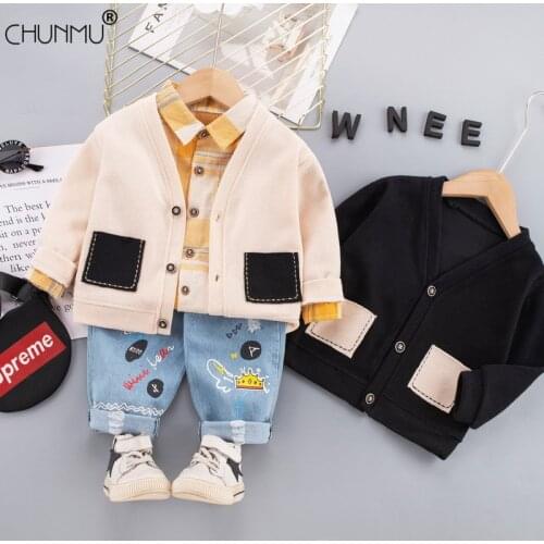 Autumn Winter Baby Girls Clothes Children Knitted Coat Cardigan + Plaid T-shirt + Pants 3Pcs Toddler Boys Costume Kids Outfit