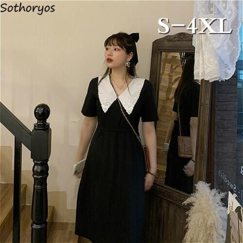 Short Sleeve Dress Women Sailor Collar Large Size 4XL Fashion French Style Sweet Girls Chic Vintage Womens Midi Vestido Ulzzang