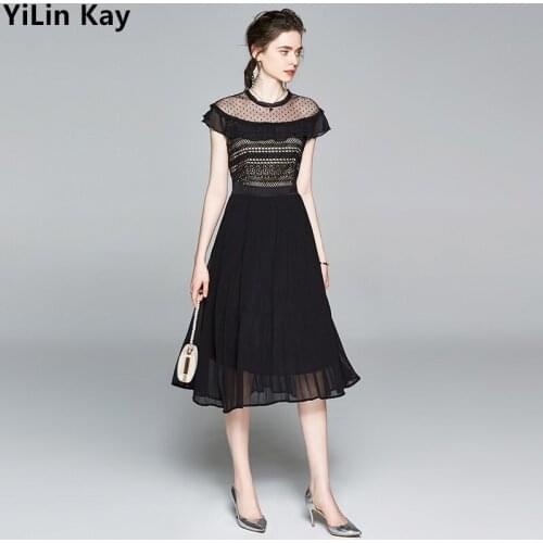 2020 New short - sleeved water - soluble lace stitching pleated Dress Fashion Runway Summer Slim Midi Dress Vestidos