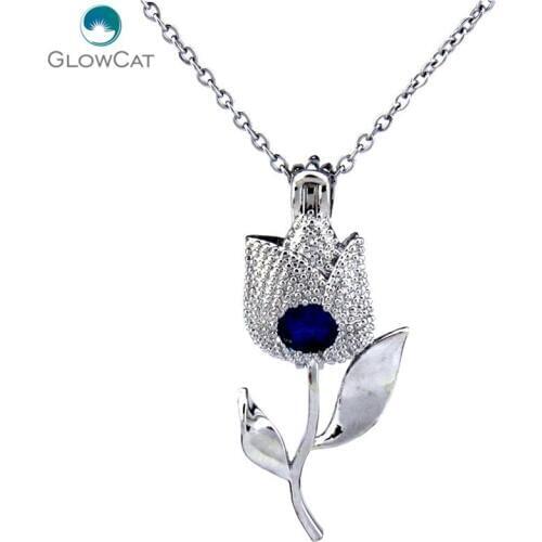 K253 Silver Lovers' Tulip Flower Rose Bead Cage Necklace Locket Stainless Chain Aroma Essential Oil Diffuser Locket