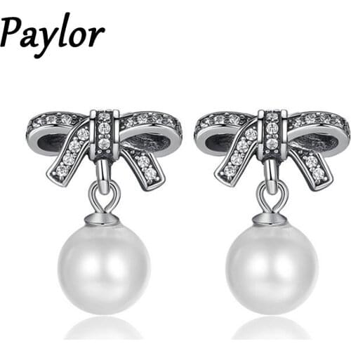 Paylor Bow-knot Earrings With Pearl High Quality CZ Stones Paved Copper Silver Color Stud Earrings Brand Jewelry Wholesale