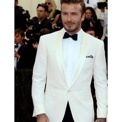 David Beckham 2017 White Ivory Groom Tuxedo Satin Shawl Lapel 2 Piece Mens Wedding Prom Dinner Suits (Jacket Pants) Custom Made