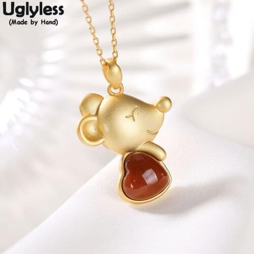 Uglyless Happy Rat Year Handmade Mouse Necklaces for Women 925 Silver Animals Natural Agate Heart-shape Rats Pendants with Chain