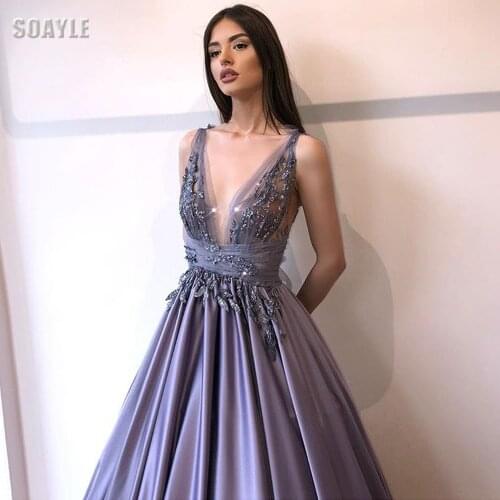 V-Neck A-Line Evening Dresses Lace Beading Prom Dresses Satin Gowns Vestidos De Festa Deep V