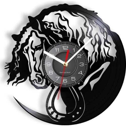 Horse Portrait Horseshoe Vinyl LP Record Wall Clock Stable Farmhouse Style Vintage Clock Horse Riding Art Decor Equestrian Gift