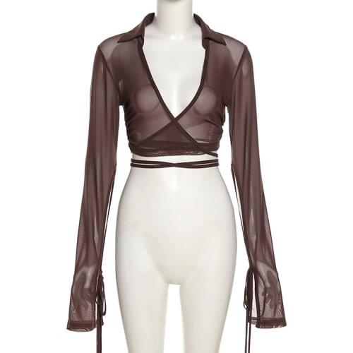 Women Autumn Hollow Out Sexy Shirts Mesh See Through Crop Top Aesthetic Party Club Outfits Summer Collar Button Up Long Sleeve