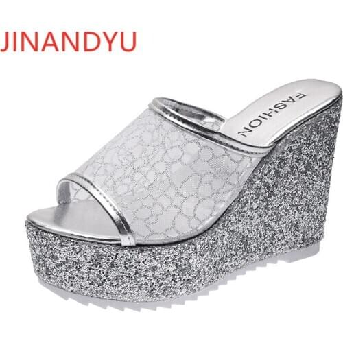 10cm High Heel Wedges Women Summer Slipper Lace Platforms Women Sandals Summer 2021 Female Shoes Woman Slippers Platform Heels
