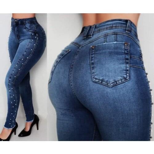 FNOCE 2020 winter new womens jeans pants fashion trends elegant Rivet high waist tight stretch slim denim full Pencil Pants