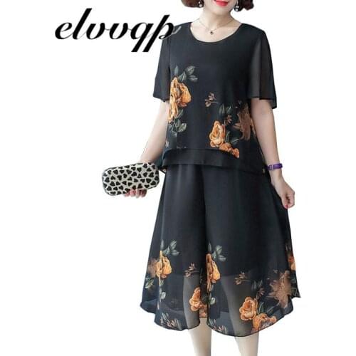 Middle-aged Mother Loose Women Set Summer Flower Print Chiffon Shirt Top + Casual Elastic Waist Calf-length Pants Two-piece Suit