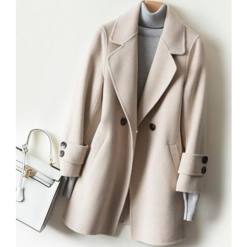 2021 Autumn High Quality Medium Long Double Sided Cashmere Wool Coat Women Outerwear Korean Slim Suit Collar Wool Jacket Female