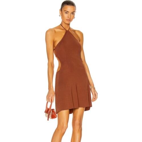 Women Summer Sexy Backless Halter Brown Pleated Mini Bodycon Bandage Dress 2021 Designer Elegant Evening Party Dress Vestido
