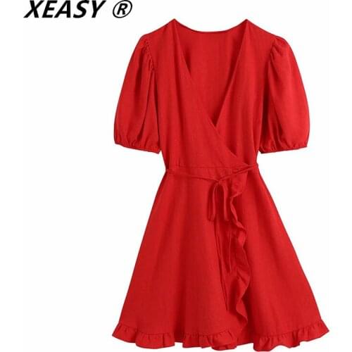XEASY Women 2021 Fashion Tie Belt Wrap Linen Mini Dress Vintage Puff Sleeves Ruffled Female Dresses Vestidos Mujer
