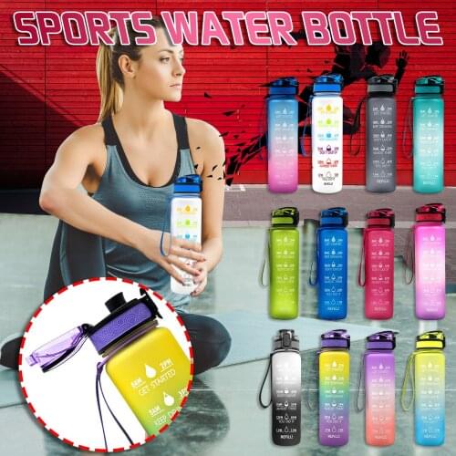 1L Sports Fitness Water Bottle Bounce Cover Portable Outdoor Leak-Proof Hiking Camping Bottles Time Scale Reminder Frosted Cup
