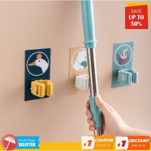 2pcs Cartoon Mop Rack Bathroom Accessory Wall Mounted Broom Shelf Organizer Hook Holder Hanger Behind Door Kitchen Storage Tool