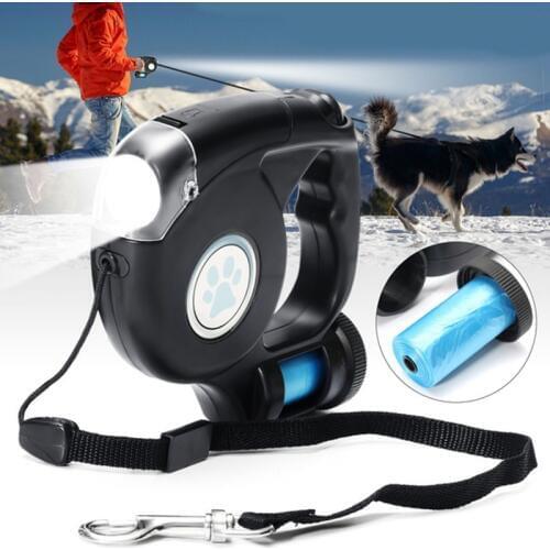 4.5M LED Flashlight Extendable Retractable Pet Dog Leash Lead with Garbage Bag
