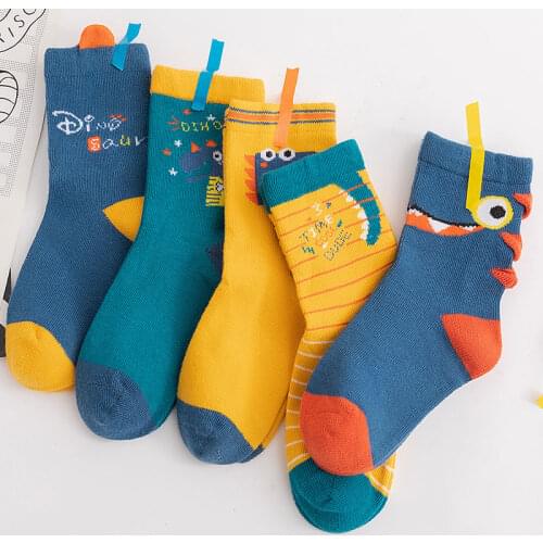 5 Pairs Children Socks Spring Autumn Soft Cotton Boys Cute Cartoon Dinosaur Print Breath Fasion Socks Girls Baby Crew Socks