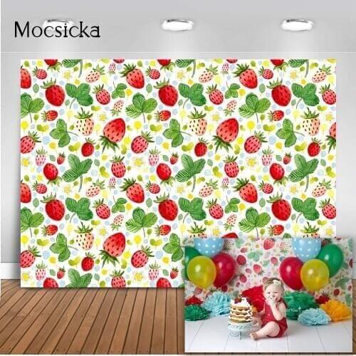 Watercolor strawberry Birthday photo background for baby studio photoshoot Newborns Kids Portrait photography backdrops photo