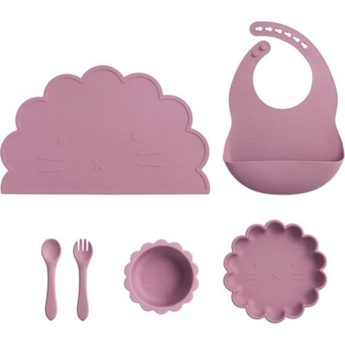 Weaning Childrens Tableware Newborn Feeding Soild Color Sucker Dishes Plates Bowl Sets Waterproof Baby Bibs Placemat Fork Spoon