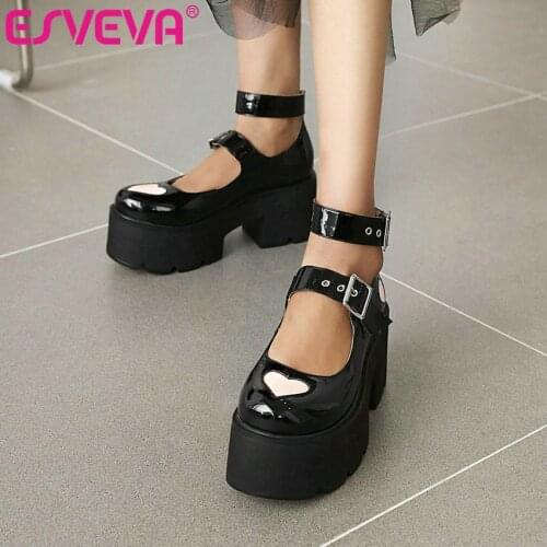 ESVEVA 2021 Platform PU Leather Female Pumps Ankle Strap Elegant Women Shoes Round Toe Heart Square High Heels Size 36-43