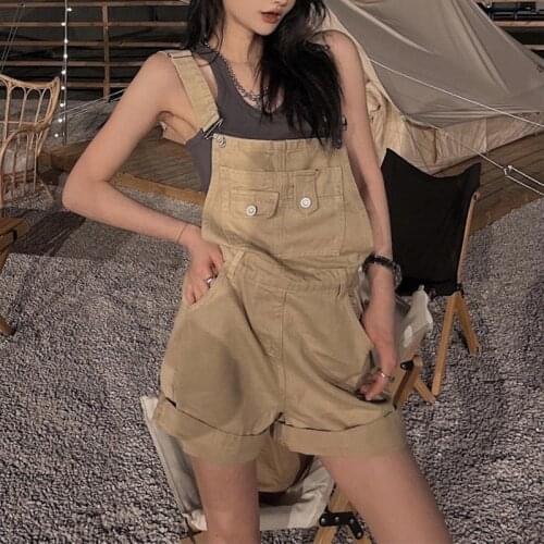 Rompers Women Summer Tide Retro Sleeveless Denim Suspender with Pockets Buttons Korean Style Students Outfits Khaki Feminino