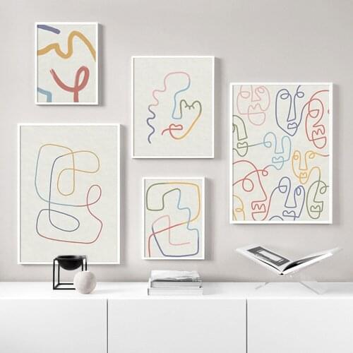Minimalist Colourful Abstract Line Faces Canvas Painting Wall Art Nordic Posters and Prints Wall Pictures for Living Room Decor