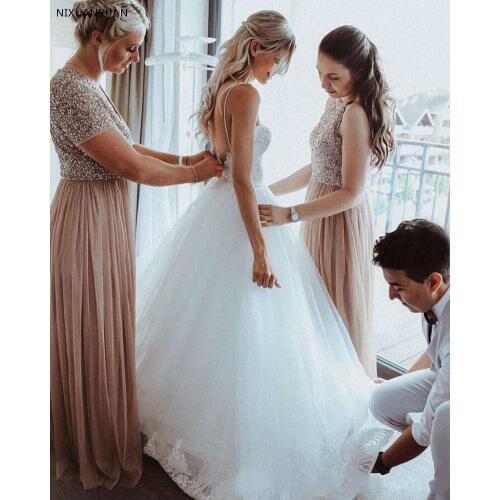 2021 Newest Lace Wedding Dress Sexy Backless Spaghetti Straps Bridal Gowns Romantic Tulle Appliques Ball Gown Wedding Dresses