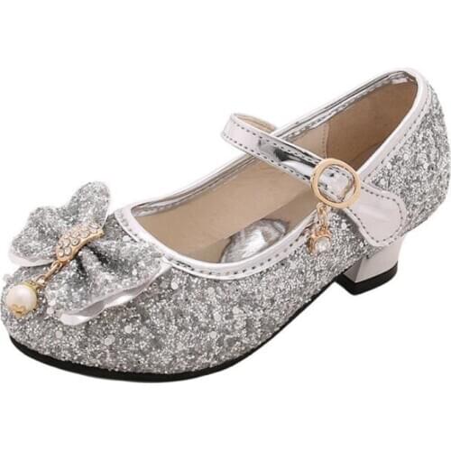 New Girl High Heels Glitter Sequin Princess Leather Shoes Children Students Show Silver Shoes