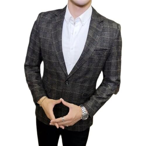 Autumn Winter New Plaid Blazer Men Big Size Jaqueta Business Banquet Tuxedo Jacket Blue Khaki мужские костюмы