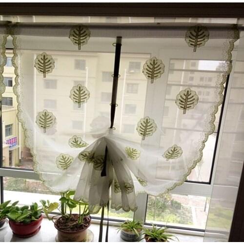 Pastoral Style Fresh Green Trees Embroidered Waves Lace Edge Adjustable Height Sheer Translucidus Decorative Roman Curtain