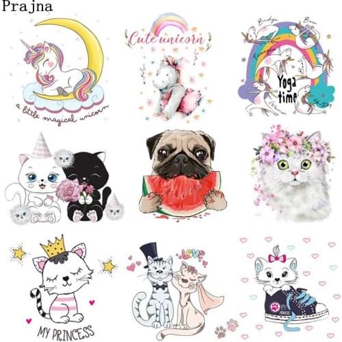 Prajna Cartoon Animals Iron On Transfers Vinyl Unicorn Cat Dog Stickers Patch Thermal Heat Transfer For Kids Clothing Appliques