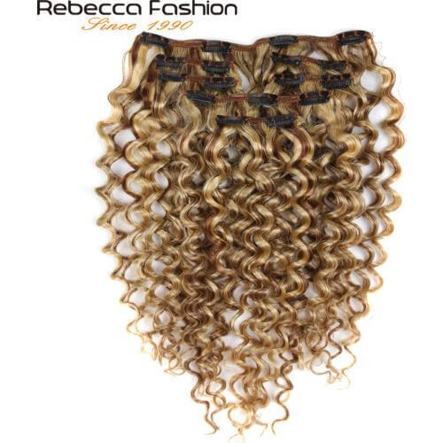 Rebecca Hair Clip 7Pcs In Human Hair Extensions Jerry Curl Remy Hair Clip Blonde Color#P6/613 Full Head 7Pcs/Set Remy Hair