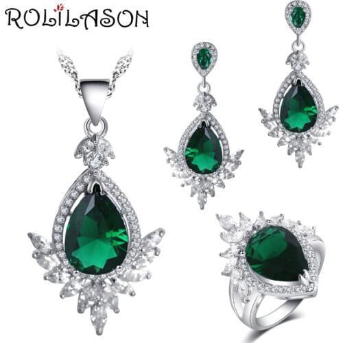 ROLILASON Trendy Green Cubic Zirconia Wedding Gift for Women silver plated stamped Earring Necklace Ring Jewelry Set JS768