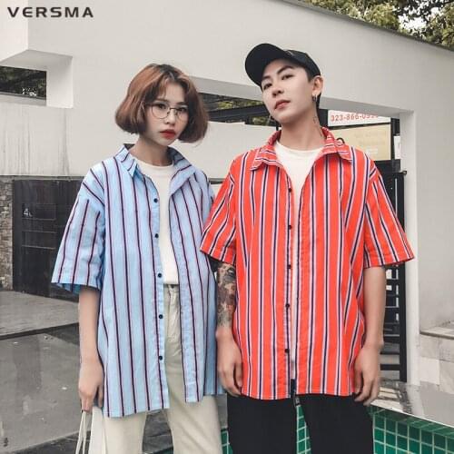 VERSMA 2018 Japanese Harajuku BF Stripe Oversized Couple Shirts Men Women Summer INS Hip Hop Streetwear Short Sleeve Shirt Male