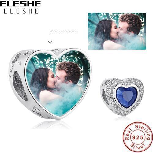 ELESHE S925 Sterling Silver Blue Crystal Heart Beads Custom Photo Charm Fit Original Bracelet Fashion Jewelry Making Women Gift