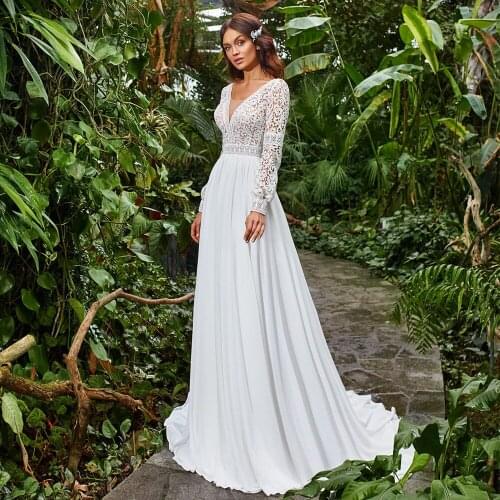 Chiffon Wedding Dress Boho Scoop Neck Sweep Train Lace Long Sleeves A Line Bridal Gowns Vestidos De Novia