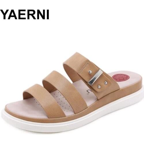 YAERNI Women Slippers Shoes Leather Casual Slides Women Summer Shoes Retro Solid Mother Shoes Wedges Flip Flops