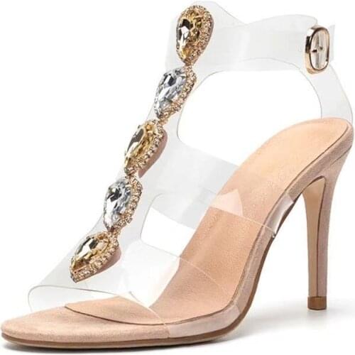 Clear PVC Transparent Pumps Sandals Rhinestone Style Thin Heel Point Toes Womens Party Shoes Nightclub Pumps 35-42