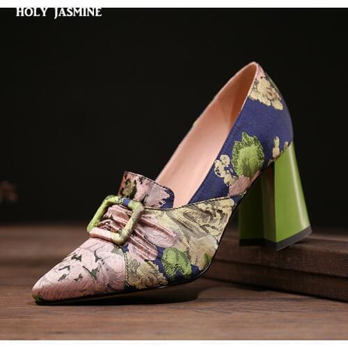 2020 New Spring Casual Women Pumps Handmade Cotton Fabric Fashion Ethnic Embroider Ladies Shoes Elegant Square High Heel Pumps