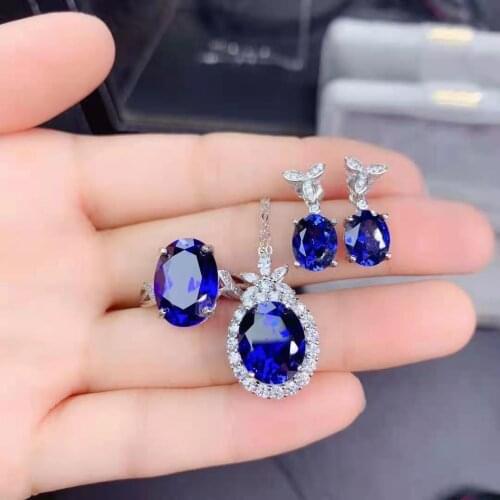 High Quality Sapphire S925 Sterling Silver Ring Pendant Necklace Earring Set Charming Fine Fashion Jewelry for Women MeibaPJFS