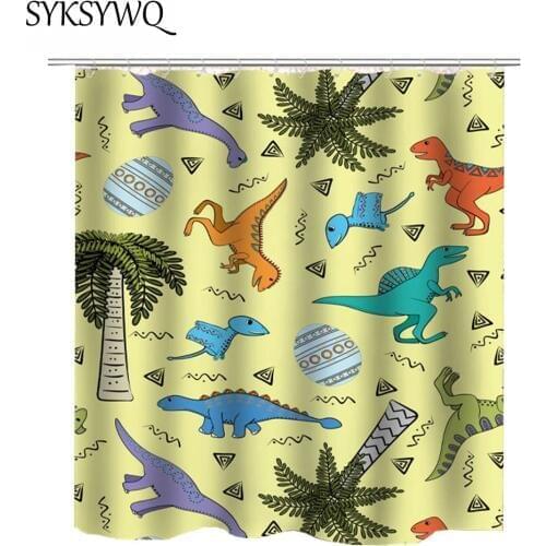 Dinosaur Bathroom Curtain Shower Children Cartoon Animal Shower Curtain Dinosaur Egg Rideau De Douche Palm Green Drop Shipping