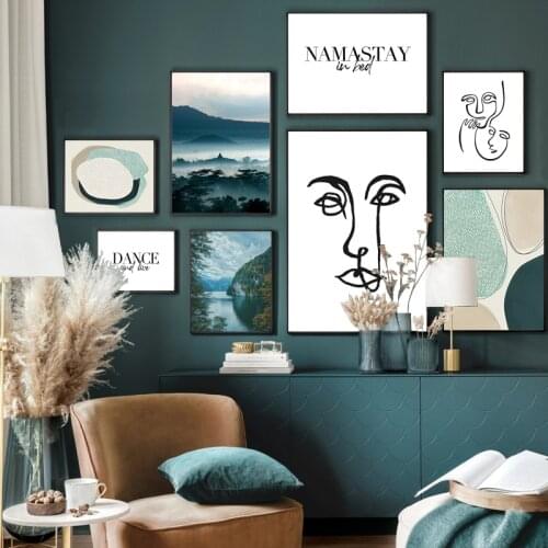 Green Lake Manor Line Art Wall Art Canvas Painting Abstract Nordic Posters and Prints Forest Wall Pictures for Living Room Decor