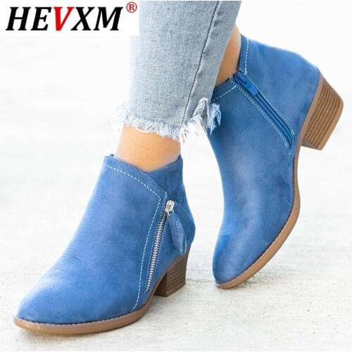 Women Boots Autumn PU Leather Chunky Heels Ankle Boots Fashion Pointed Toe Short Boot Zipper Casual Winter Boots Plus Size 2021