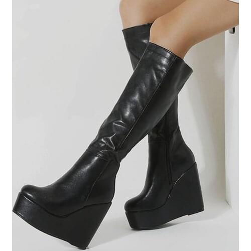2021 Black PU Leather High-quality Brand New Platform High Heels Comfortable Wedges Shoes Women Fashion Knee High Boots