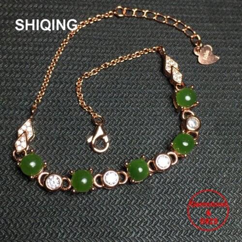 SHIQING Nature gemstone jewelry true green jasper cute round 925 sterling silver charming bracelet for women
