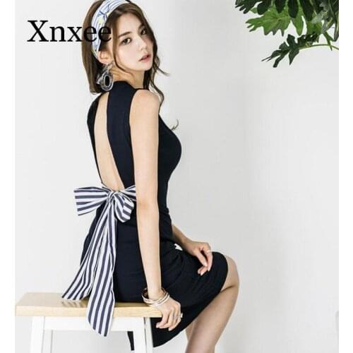 Summer Knitted Dress Women Backless Black Sleeveless V Neck Bow Backless Ladies Sexy One Piece Dresses Office Knee Length Sexy