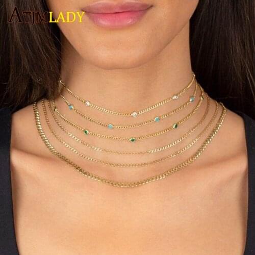 2021Fashion European Women Mens Jewelry Thin 3mm Curb Link Chain Necklace 4mm Heart Cubic Zirconia CZ Bezel Cuban Choker 35+10cm