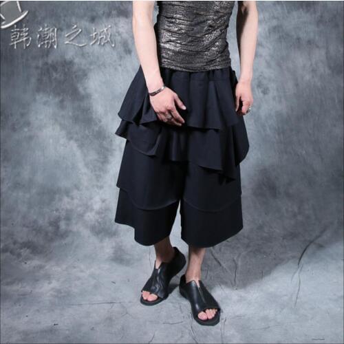 27-44 Summer Men Casual Capris Pants Personality Loose Pleated Elastic Harem Pants Male Culottes Fashion Skirt Singer Costumes