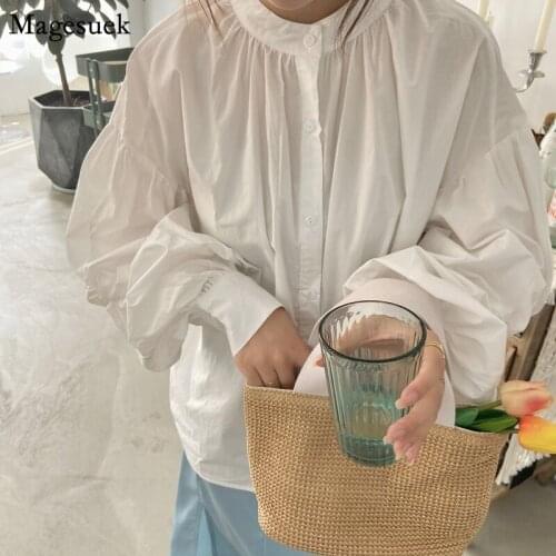 Vintage Black White Cotton Shirt Women Stand Collar Button Loose Female Blouses Casual Autumn New Lantern Sleeve Lady Tops 16740