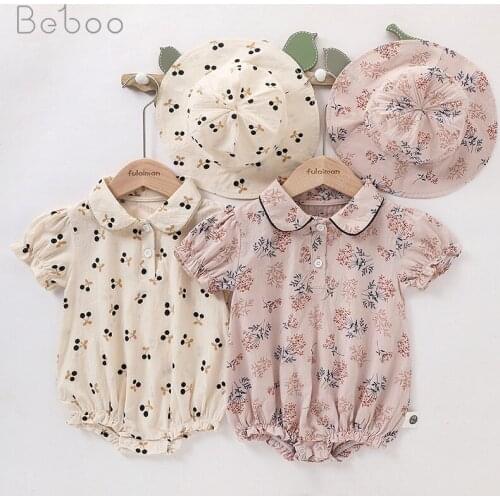 Baby Bodysuit Newborn Clothing Girls 2021 Summer Cute Flower Cotton Short Sleeve Jumpsuit With Little Hat For Toddler Infants